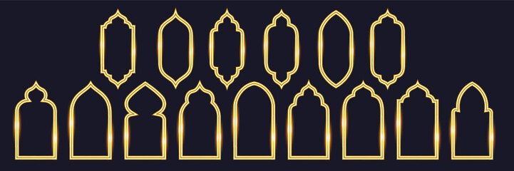 Set gold arch frame Arabian, Indian style. The silhouette of the mosque gate. Shining, shiny gold. Vector illustration