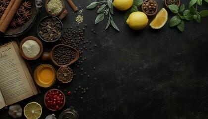 spices and herbs on a dark background, top view, copy space