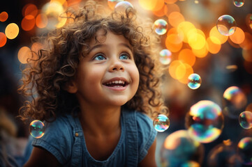 Happy child playing with colored soap bubbles. Joyful moments of carefree fun and entertainment, embracing playful exploration and boundless excitement