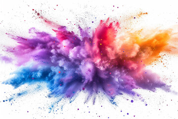 Colorful purple blue orange Holi powder explosion on a white background. Abstract background.