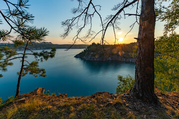 Summer morning. Landscape. Beautiful lake with clear water