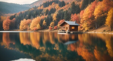 Fototapeta premium Cabin in the middle autum lake