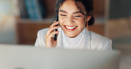 Business woman, computer and phone call in night, office and networking for deal, lead and smile...