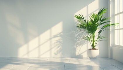 Fototapeta premium 3d render, green plant in a pot on a white background. Empty white wall and copy space.
