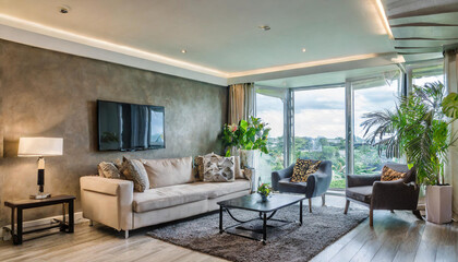 Modern Scandinavian home interior design characterized by an elegant living room featuring a comfortable sofa, mid century furniture, cozy carpet, wooden floor, white walls, and home plants