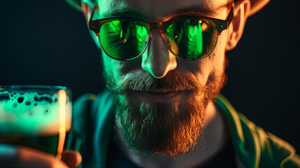 Irish man in green glasses celebrates St. Patrick's Day wearing a green leprechaun hat - obrazy, fototapety, plakaty