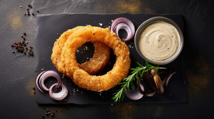 Golden Fried Onion Rings - Perfectly golden and crunchy, served with a creamy dip and aromatic herbs.