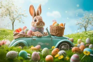 Poster cartoon character Easter bunny driving car and looking for Easter eggs on the meadow. © zamuruev