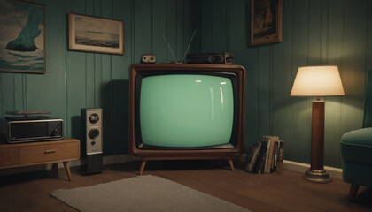 Old-fashioned classic tube TV in a retro living space