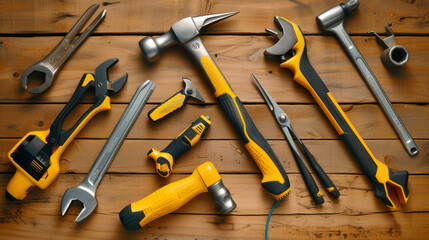 collection of hand tools laid out on a wooden surface, including a variety of wrenches, a hammer, pliers, and a drill.