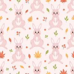 Cute white rabbit seamless pattern. Print for textiles, wallpaper, wrapping paper. Woodland animal, autumn seamless pattern. Vector illustration in flat style
