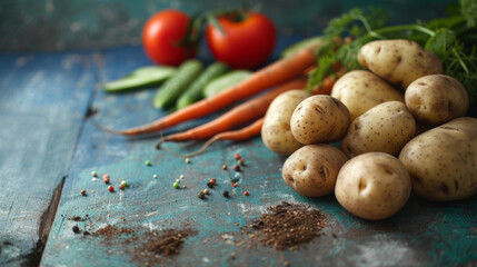 colorful display of various fresh vegetables laid out on a blue surface, sprinkled with herbs and spices.