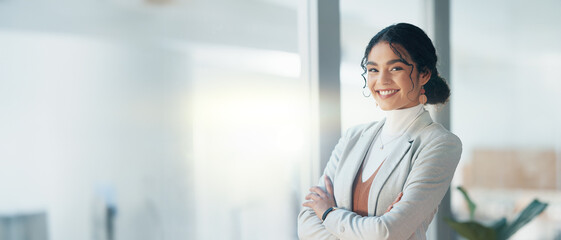 Happy, face and woman with arms crossed in office with business pride and corporate work. Smile, company and portrait of a female employee with confidence and professional empowerment at an agency - obrazy, fototapety, plakaty