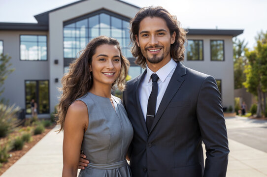 Happy couple stands smiling in front of a modern house. Embracing togetherness and homeownership, fulfilling dreams of love and investment in contemporary living spaces