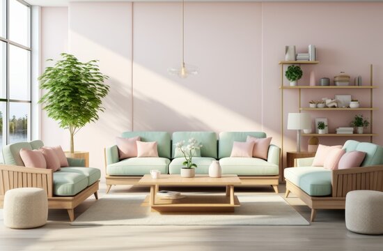 a contemporary living room, with white walls and green sofas