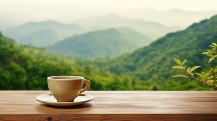 A cup of green tea is on the wooden table to the left