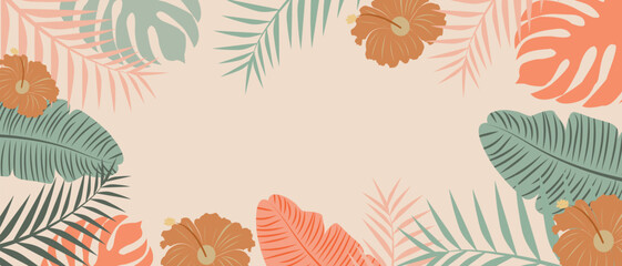 Fototapeta na wymiar Summer tropical background vector. Palm leaves, monstera leaf, hibiscus flowers. Botanical background design, tropical template for wall art, prints, poster, home decor, cover, wallpaper.
