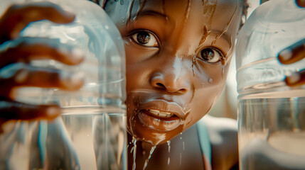 African child with empty bottles, sad look, lack of water, poverty. - obrazy, fototapety, plakaty