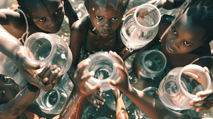 group of children with empty containers wait for water. africa with drought crisis. - obrazy, fototapety, plakaty
