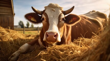 livestock cow eating hay