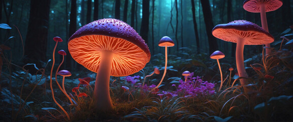 Neon Dreamlike Magic Mushrooms in a Fantasy Forest