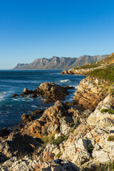 View across False Bay towards Gordons Bay along Clarence Drive between Gordon's Bay and Rooi-Els near Cape Town, Western Cape. South Africa