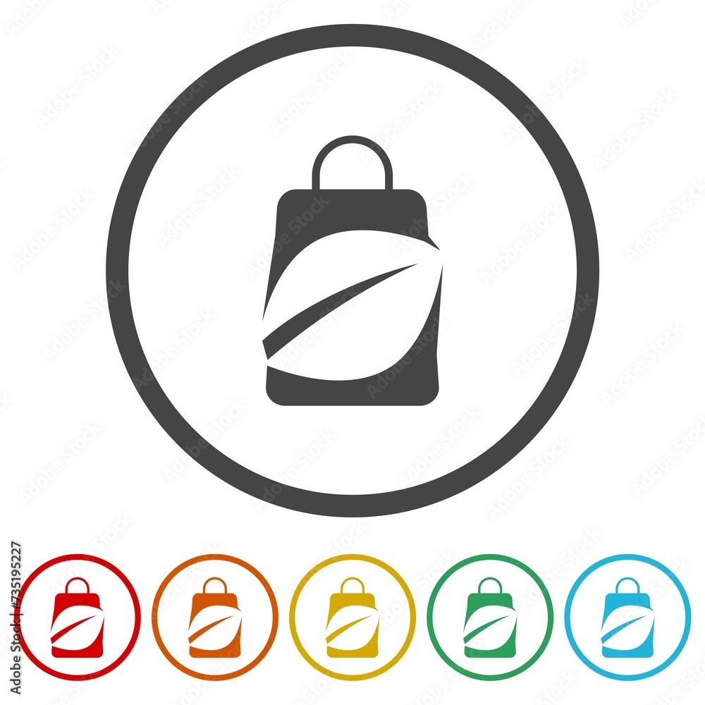Poster shopping paper bag with recycle symbol. set icons in color circle buttons