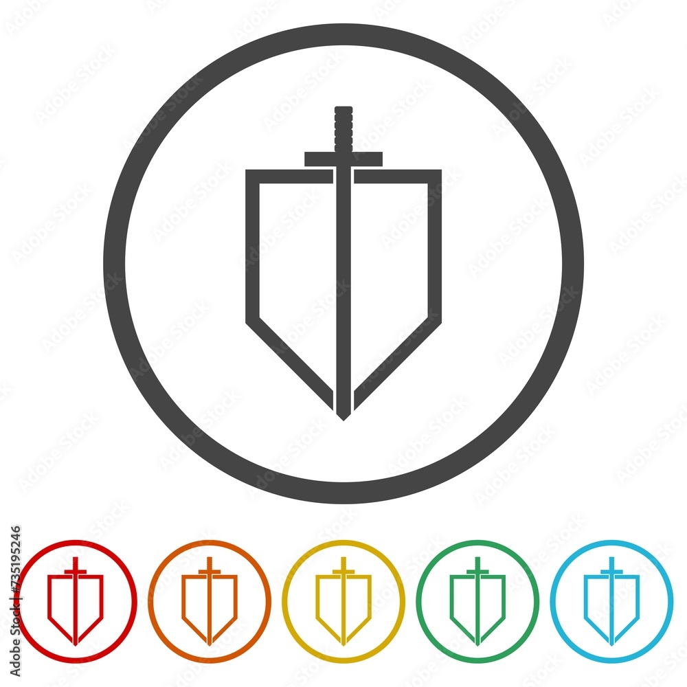 Poster knight and shield kingdom logo. set icons in color circle buttons
