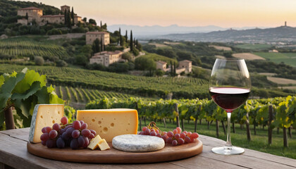 Wine and cheese with a view of the Italian countryside
