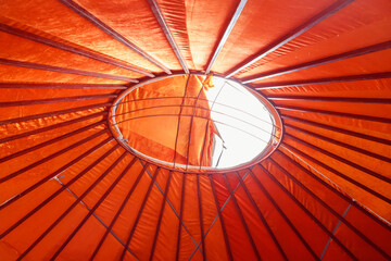 round hole in a traditional Kazakh or Kyrgyz yurt house inside, aul. smoke outlet