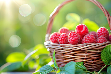 Organic sweet delicious fresh raspberries in a wicker basket stand in the summer garden. Copy space.
