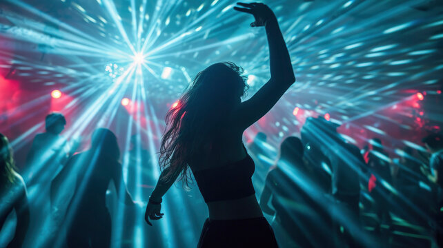 Woman dancing on stage in a club surrounded by laser beams and dancing people in the background - Powered by Adobe