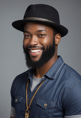 Fototapeta premium Happy African American man with a bearded chin and stylish hat