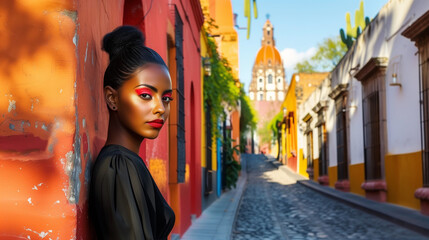 Obraz premium A confident black woman against a colorful street backdrop in San Miguel De Allende, Mexico