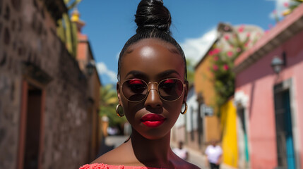 Fototapeta premium A confident black woman in sunglasses stands on a colorful street in San Miguel De Allende, Mexico