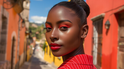 Obraz premium A striking close-up of a black woman woman with bold makeup in San Miguel De Allende, Mexico