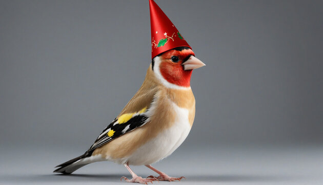 cutest goldfinch with a party hat and christmas scarf