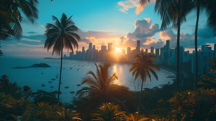 Fototapeta na wymiar Panorama of a tropical city, palm trees, landscape