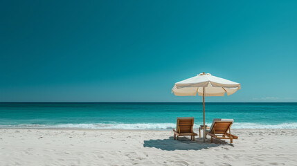 Parasols and loungers on the beach in front of the sea during the day with a bright blue sky - obrazy, fototapety, plakaty