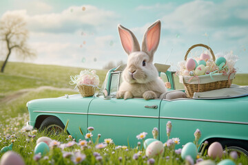 cartoon character Easter bunny driving car and looking for Easter eggs on the meadow.