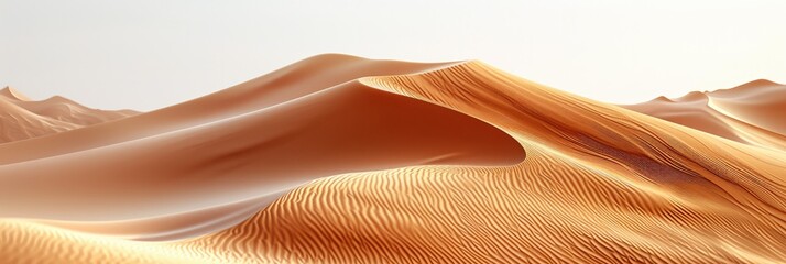 Sand dune waves, soft curves, desert landscape, panoramic, minimalistic natural texture. Generative AI.