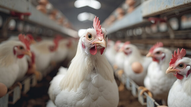 White chicken farm with eggs on farm. modern feeding hens in cages. industrial farm. feeding. Generative AI.