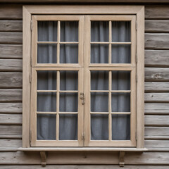 Vintage wooden window frame with drapes, isolated