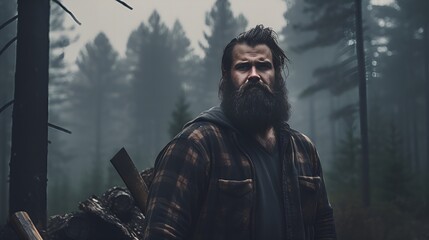 Rugged Wilderness: Lumberjack in Misty Forest - obrazy, fototapety, plakaty