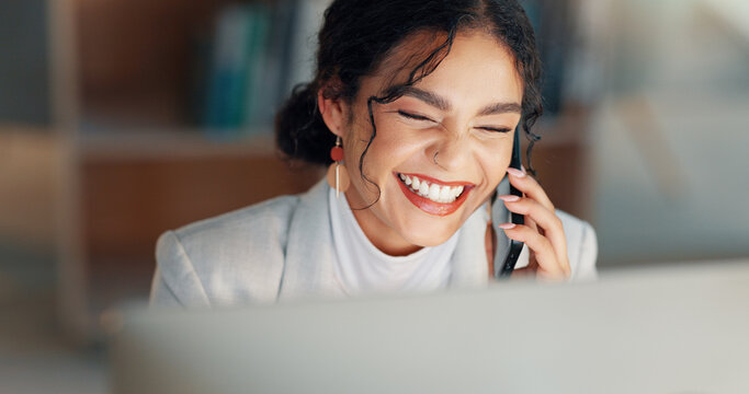 Business woman, computer and phone call in night, office and networking for deal, lead and smile for negotiation. Entrepreneur, smartphone and pc with happy conversation, thinking and dark workplace