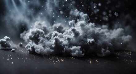 Fototapeta na wymiar Gray glitter smoke particles on black background