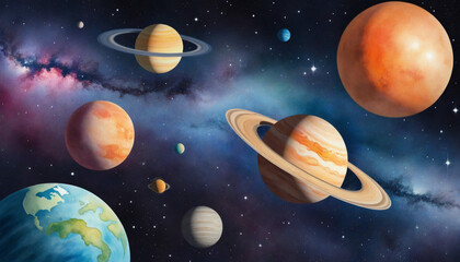 Colorful watercolor planets align in cosmic expanse