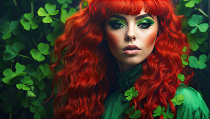 Obraz premium Makeup and hairstyle of a young woman in green with clover leaves for St. Patrick's Day. Close-up beauty portrait. 