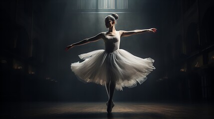 A Dance Amongst Shadows: Ethereal Ballerina Moves with Grace in a Dimly Lit Stage, Ballerina's Poised Performance