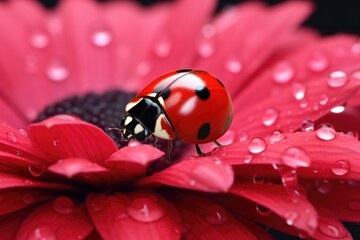 ladybug on a pink flower with dew drops close up,Ladybug on flower petal with water drops, Ai generated
